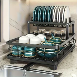 2-Layer Elevated Capacity Drain Rack with Water Tray Rust-Proof Dish Organizer for 4-6 Family Home Commercial Kitchens