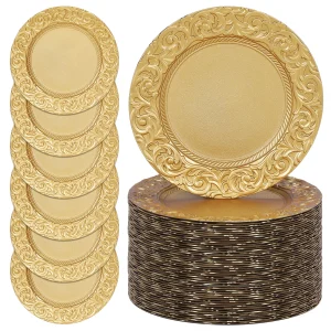 13in Gold Chargers for Dinner Plates 100pcs Plastic Charger Plates with Embossed Rim for Table Dinner Kitchen Party Decoration