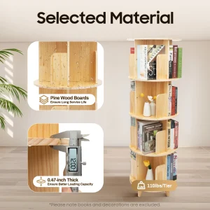 3/4/5 Tier 360° Rotating Bookshelf, Large Capacity Freestanding Wood Bookcase, Multi-functional Storage Organizer for Bedroom